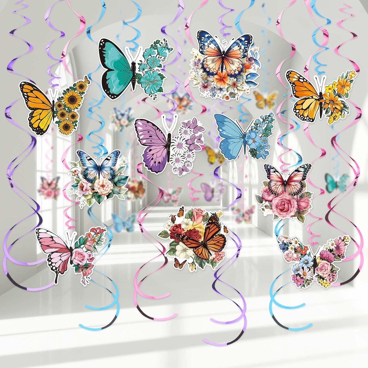 Whaline 30Pcs Butterfly Floral Hanging Swirl Decoration Vintage Summer Ceiling Hanging Spirals Watercolor Flower Hanging Ornaments